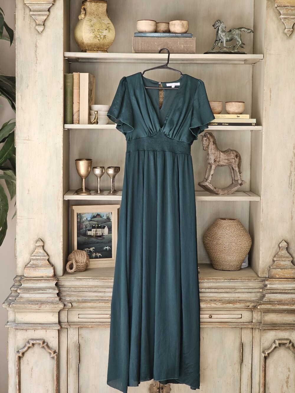 Baltic Born Prague Satin Smocked Empire Waist Maxi Dress Dark Green M - Picture 8 of 13
